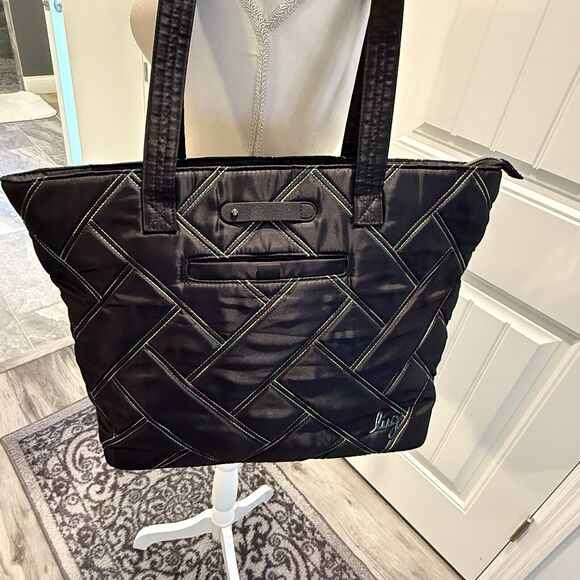 LUG Skyliner Tote Travel Carry BLACK Rainbow Stitch & Inside Bluebird Lined - Picture 1 of 16